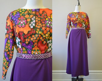 1970s Purple Floral Maxi Dress