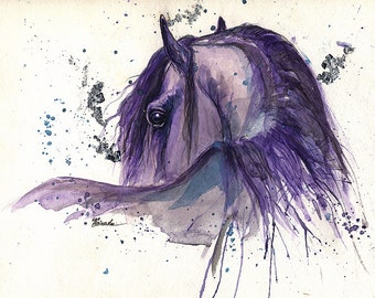 Portrait of a friesian horse, original pen and watercolour painting