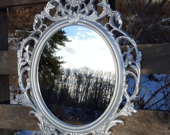 Silver Wall Mirror/ Oval Frame/ Mid Century Modern/ Decorative Wall Mirror/ Hollywood Regency Mirror/ Ornate Mirrors/ Baroque Mirror