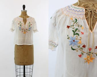 30s Hungarian Blouse XS / 1930s Embroidered Peasant Top / Budapest Rose Top