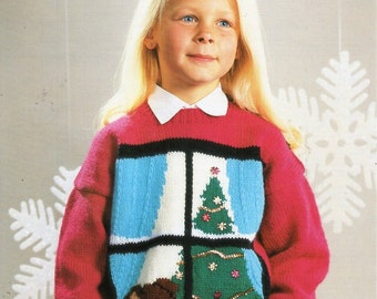 childrens Christmas jumper knitting pattern PDF Christmas tree motif sweater 26-36" DK light worsted 8ply Instant Download