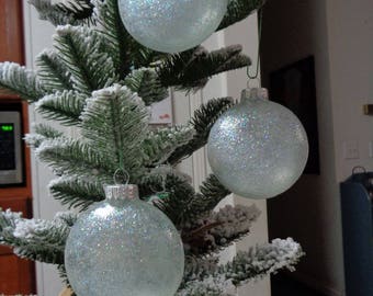 Set of 3 Ice Blue Glass Orbs Christmas Tree Ornaments