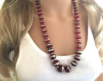 Red and Black Statement Necklace, Long Necklace, Glass Necklace, Long Beaded Necklace, Black and Red, Gray Necklace, Layering Necklace, Red