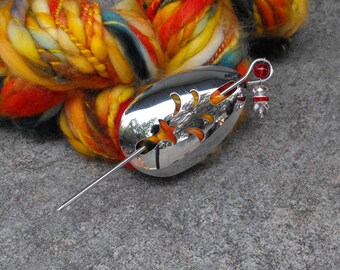 Beaded Shawl Pin, Spoon Jewelry, Red & Pink, Stainless Steel Shawl Pin, Artisan Jewelry
