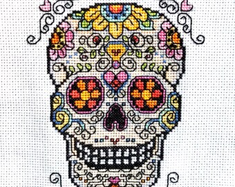 Sugar Skull Halloween Finished Counted Cross Stitch Piece