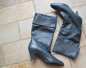 1980s Vintage Gray Leather Suede Slouchy Chic Boots Heels 8