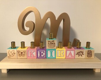 Personalized menorah/hanukiah for Hanukkah - custom name, shapes, pictures, colours