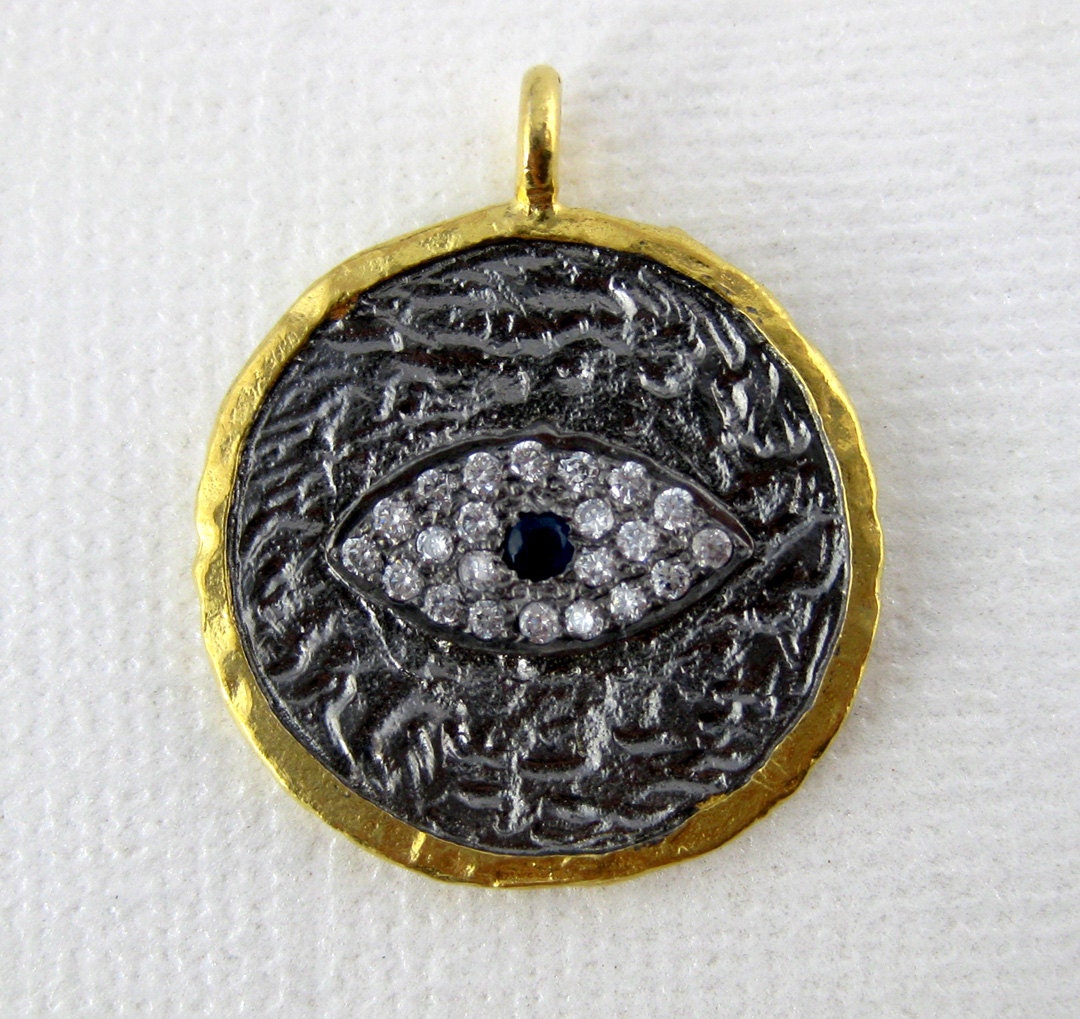 Greek Eye Charm Pendant Round Black Toned Brass Greek Eye with CZ Pave
