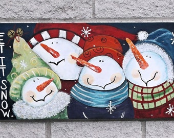 Snowman Painting original acrylic painting let it snow 12x24 Snowmen Wall Art Winter Decor Christmas gift Made To Order by jillsfineart