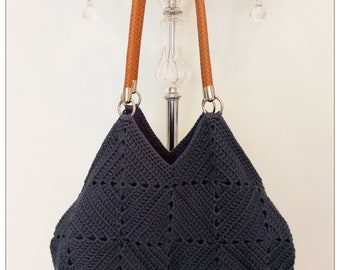 Crochet Bag, Shoulder Bag, Crochet Purse, Granny Square Bag, Navy Blue Bag, Leather handles ,Large Bag ,Summer Bag, Retro Bag, Gift for her