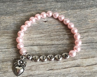 Personalized Girl Bracelet, Flower Girl Bracelet, Pearl Bracelet, Flower Girl Jewelry, Little Girl Bracelet, Kids Jewelry, Gift for Children
