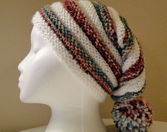 Knit Adult Ribbed Stocking Hat, Ski Hat, Toboggan Hat, Winter Hat with Pom Pom in Bright Colors and White