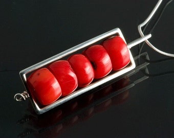 Sterling Silver Red Coral Bambo Bead Rectangle Pendant, Valentine Red Necklace, Coral Silver Necklace