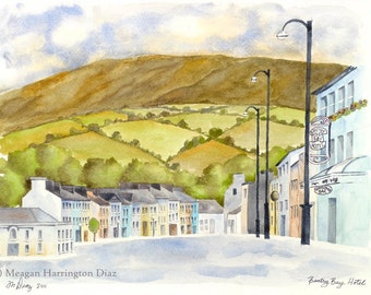 Ireland Watercolor - Bantry Bay Hotel - Fine Art Print - County Cork Ireland - Rolling Hills Ireland Landscape