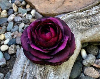 Eggplant Purple Ranunculus Rose Silk Flower Hair Clip