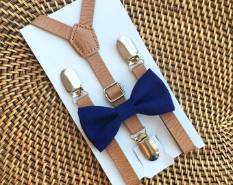Navy Blue Bow Tie, Navy Toddler Bow Tie, Leather Suspenders, Navy Bow Tie and Leather Suspender Set- 6 Months to 5 Years Old