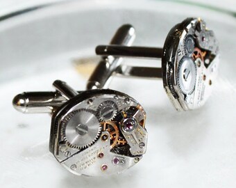 GIRARD PERREGAUX Men Steampunk Cufflinks - Rare Luxury Swiss Silver Vintage Watch Movement Men Steampunk Cufflinks Cuff Links Wedding Gift