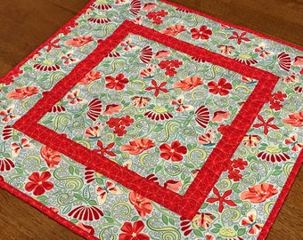 Spring Floral Table Topper, Quilted Spring Table Topper, Butterfly Table Topper, Aqua Blue and Red Table Topper, Spring Table Decor,