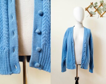 60s/70s blue wool cable knit cardigan, size medium