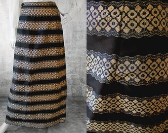 Vintage 1970s Maxi Skirt, Ankle Length Skirt, Formal Evening Wear, Black and Gold Skirt, Women's Vintage Skirt, Size Medium Skirt