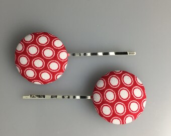 Fabric Covered Button Hair Pins -- Red with White Dots