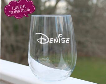 disney wine glasses, personalized wine glasses, disney font, Etched wine glass, stemless wine glasses, personalized, stemless wine glasses