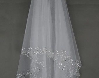 Sequin and bead edge elbow length wedding veil, diamond white or white, two tier, cheap, with attached comb