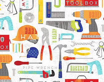 Tools on White from Northcott Fabric's Nuts and Bolt Collection by Deborah Edwards - Construction