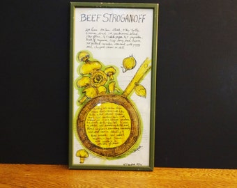 Soovia Janis Mid Century Kitchen Print - Beef Stroganoff - Recipe Print - Hand Decorated by Jacque - 1974 - Colorful Kitchen Wall Art