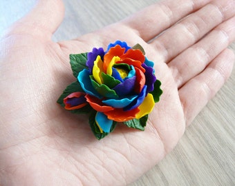 Rainbow peony brooche/barrette, polymer clay peony, flower brooche, realistic flower brooche, rainbow flower, rainbow jewelry, hair flowers.