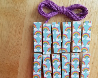Happy Rainbows and Clouds Clips w Twine for Photo Display - Chunky Little Clothespin Set of 12 - Girl Birthday Baby Shower - Ready to Ship
