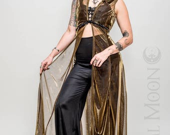 Limited Edition: The "Sorceress Duster" Long Vest with Amulet on Hood in Yellow Gold Sheer Mesh by Opal Moon Designs (Sizes S-XL)