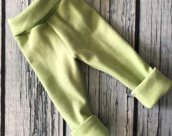 Wool Interlock Longies - Medium - Green - Cuffed