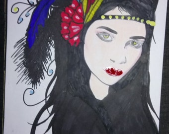 Drawing woman face with feathers