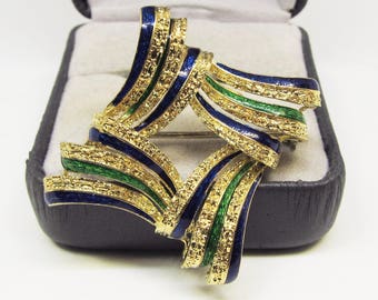 Blue and Green Enameled 18Kt Gold Broach