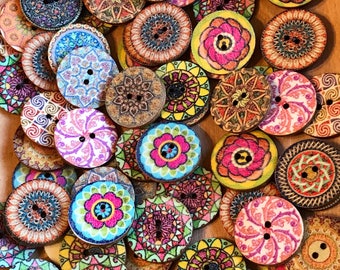 25mm Cute Boho buttons, 1 inch Mixed wood buttons ,Wooden Sewing Buttons, 2-hole Round mixed retro pattern, 10 or 20 pack