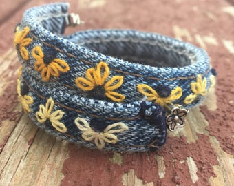 Re-Purposed Denim Hand-Embroidered Bracelet