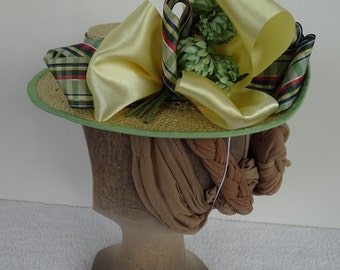 1890's Reproduction Victorian Straw Boater Hat with Green Plaid Ribbon