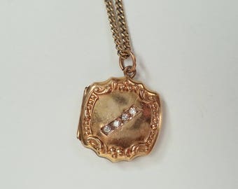 Antique Gold GF Locket Crystals Repousse Details GF Chain Necklace Art Nouveau