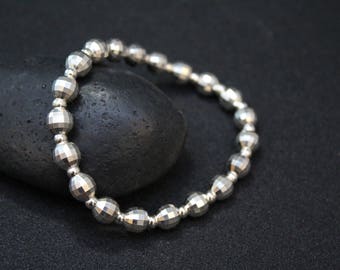 Sterling Silver Disco Ball Beaded Stretchy Bracelet, Disco Beads, Sterling Disco Ball, Silver Disco Ball, Disco Jewelry, Faceted Silver Bead