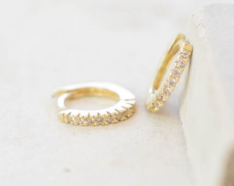 Thin Mini Ear Huggie Hoop Earrings, GOLD - micro pave cz cartilage hoops - Different Sizes Available