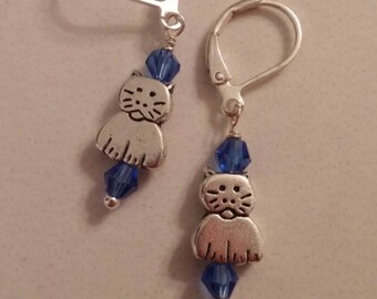Cat earrings drop dangle lever back earrings silver plated blue