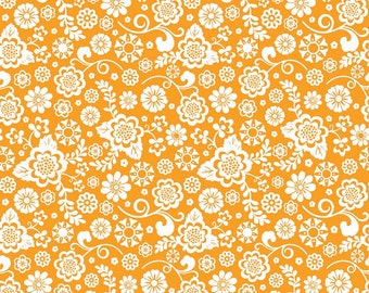 Orange Floral Fabric, Riley Blake Fabric, Fancy Free C4065 Fancy Floral Orange, Lori Whitlock, Orange & White Flower Fabric, Cotton
