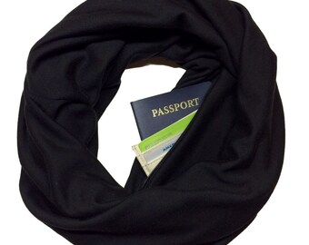 Back in Black | Hidden Pocket Scarf | Infinity Scarf Passport Wallet Travel Scarf Black Money Belt Holder Gift Travel Secret Pocket Zipper