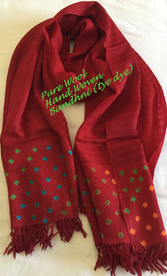 Hand Woven in pure lambs wool scarf stole shawl in rich vibrant Red bordered with tye dye (bandhni) pattern