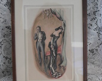 Vintage Framed Print of Dramatic Scene ~Antique matted Wall Hanging