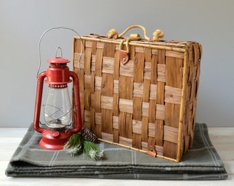 Vintage woven picnic basket; woven storage basket; woven basket with lid; woven reed basket