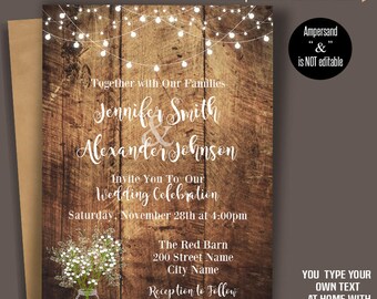 Printable Wedding Invitation, Rustic Wedding Templates, Baby's breath flowers, mason jar, Instant Download Self-Editable PDF A3034