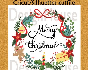 SVG file Cricut file cutfile Silhuettes file svg dxf eps files Cutting file svg Merry Christmas svg Christmas wreath svg dxf files
