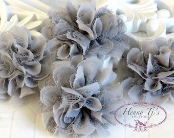 NEW: 4 pieces SMALL Shabby Chic Frayed Chiffon Mesh and Lace Rose Fabric Flower - GREY